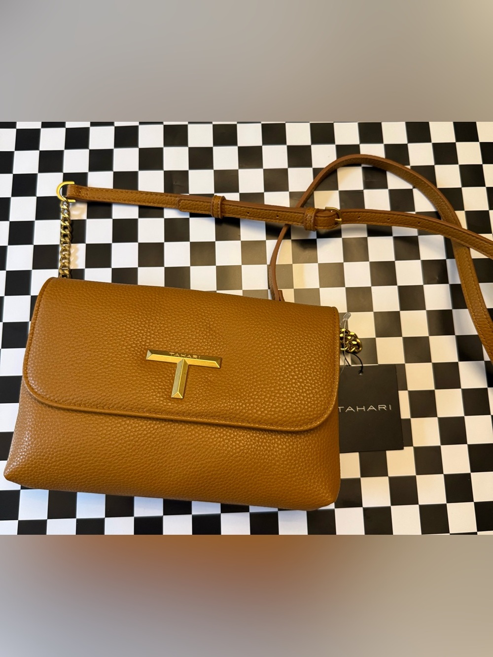 Tahari Pebbled Leather Crossbody Bag in Cognac Brown with Gold Accent
